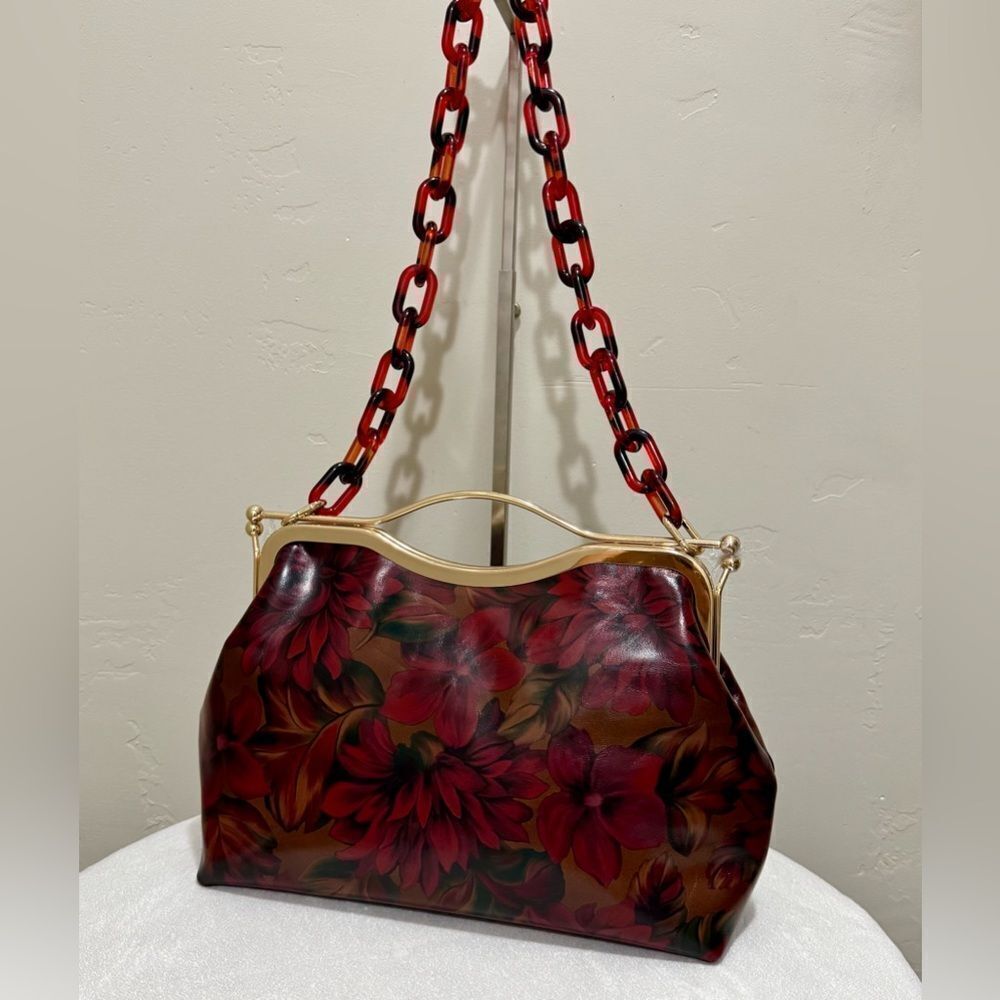Floral Print Cowhide Leather Handmade Double Kisslock Top Handle Bag/Crossbody